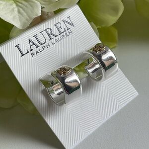 Lauren Ralph Lauren Two-Tone Silver Hoop Earrings with Gold Logo